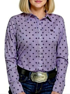 Cinch Lavender Diamond Print Long Sleeve Western Shirt   Womans Large NWOT